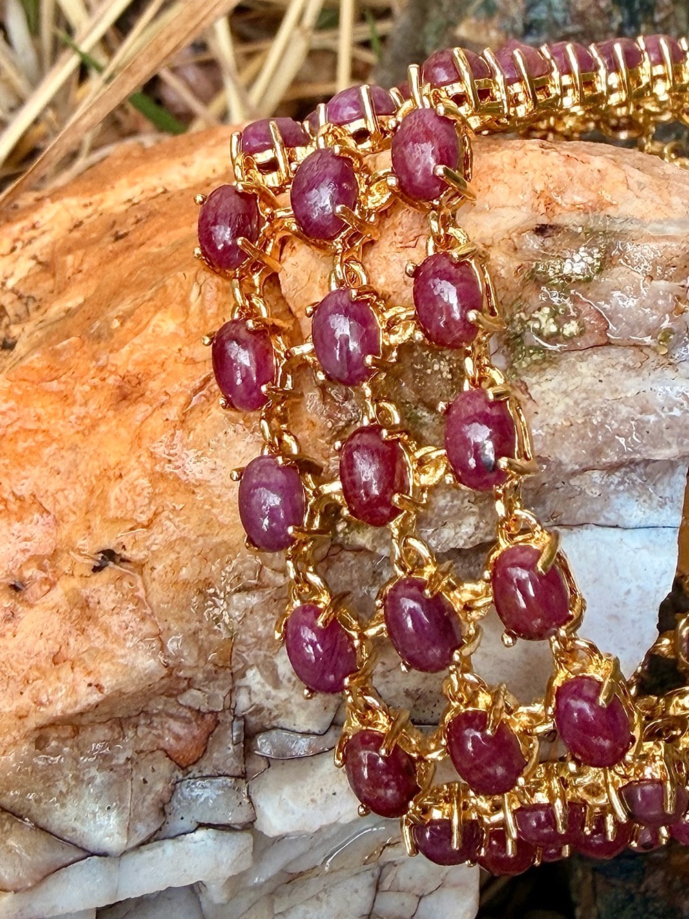 40 CTW Ruby 18K Yellow Gold Plated 3-Row Statement Bracelet 7.5”